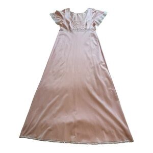 Vintage Light Pink Lace & Nylon Tie Back Long Length Nightgown - Size Medium